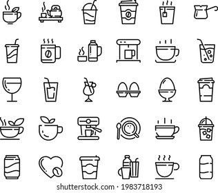 Food line icon set - hot cup, coffee to go, green tea, drink, ceremony, wine glass, cocktail, coffe maker, iced, top view, turkish, irish, love, machine, egg stand, drinks, thermo flask, soda, paper