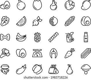 Food Line Icon Set - Hot Dog, Clam, Olive Oil, Fish Steak, Ribs, Kitchen Scales, Broaken Egg, Eggs Yolk, Milk Bottle, Smoothies, Carrot, Beet, Cabbage, Arugula, Broccoli, Bell Pepper, Eggplant, Pear