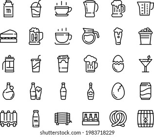 Food line icon set - hot cup, drink to go, olive oil, coffee, beer mug, pretzel, milk tank, champagne, cocktail, pot, ribs, beaker, broaken egg, french press, soda, bottle, paper, ice bucket, glass