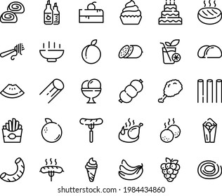 Food line icon set - Hot Bowl, cherry cake piece, watermelon, french fries, burito, sausage on fork, fried chiken leg, ice cream, with pasta, salami, ketchup, chicken, bakery, cupcake, cutlet, big
