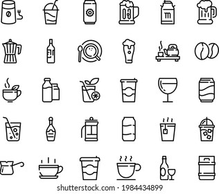 Food line icon set - hot cup, coffee to go, tea, ceremony, green, wine, beer mug, milk tank, champagne, glass, cocktail, iced, mill, top view, pot, turkish, beans, bootle and pack, french press, keg