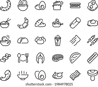 Food line icon set - Hot Bowl, plate spoon fork, salad, bread, sandwich, burito, rice, dim sum, octopus soup, calsone, steak, omelette, croissant, baguette, julienne, chicken, kebab, fish, sowbelly