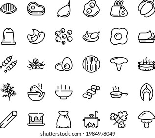 Food line icon set - Hot Bowl, meat, octopus soup, omelette, pate can, chicken, kebab, roasted sausages, fish steak, ribs, pan, fork spoon knife plate, cooking, egg yolk, flour bag, pancake, garlic