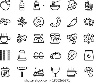 Food line icon set - hot cup, milk bottle, tacos, sausage on fork, funchose, tea ceremony, olives, grape, ravioli, spike, donut, wine glass, coffee, machine, pack, kitchen scales, egg stand, turkish