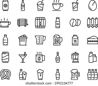 Food line icon set - hot cup, milk bottle, drink to go, beer mug, pretzel, tank, champagne, cocktail, french press, coffee, beans, bootle and pack, ribs, beaker, broaken egg, soda, wine, ice bucket