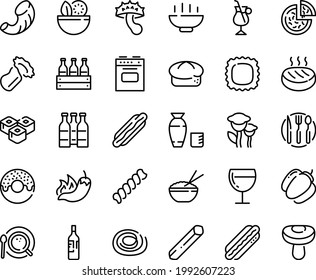 Food line icon set - Hot Bowl, salad, dog, pizza, pepper, donut, rice, sushi roll, vodka, bread, wine glass, coffee top view, irish, cutlet, fork spoon knife plate, stove, bottle, beer, box, bell