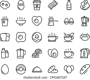 Food line icon set - Hot Bowl, cup, dish dome, bread, milk bottle, donut, tea, coffee to go, dim sum, pot, omelette, bakery, french press, bootle and pack, sowbelly, kettle, egg, stand, broaken