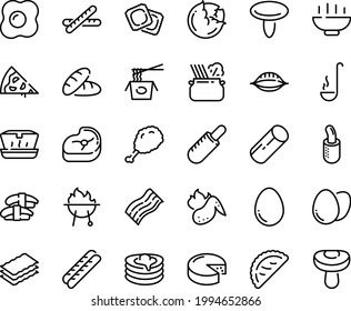 Food line icon set - Hot Bowl, pizza piece, bread, fried chiken leg, french dog, lunch box, chinese pasta, sashimi, calsone, in pan, ravioli, baguette, cheese, pancakes, meat, sowbelly, bbq, ladle