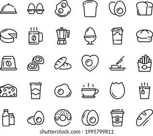 Food line icon set - hot cup, dish dome, bread, french fries, donut, tea, coffee to go, cheese, pot, omelette, bakery, butter knife, capsule, milk bootle and pack, broaken egg, stand, eggs yolk
