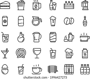 Food line icon set - hot cup, drink, to go, olive oil, coffee, pretzel, beer box, milk tank, champagne, wine glass, french press, beans, pot, broaken egg, thermo flask, cocktail, soda, ice bucket