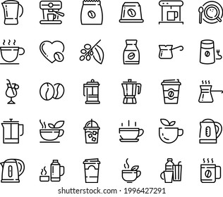 Food line icon set - hot cup, green tea, coffee to go, pot, french press, coffe maker, iced, mill, top view, turkish, tree, instant, irish, love, machine, pack, beans, capsule, kettle, drinks, paper