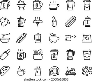 Food line icon set - hot cup, coffee to go, green tea, dog, french, funchose, ceremony, calsone, pasta in pan, pot, press, top view, turkish, capsule, sausage on fork, bbq, chicken wing, kettle