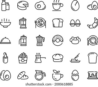 Food line icon set - Hot Bowl, dish dome, bread, green tea, french fries, donut, dim sum, croissant, cheese, plate, dog, press, butter knife, coffee cup, top view, pot, milk bootle and pack, broaken