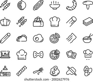 Food line icon set - Hot Bowl, chief hat, dog, pizza, tacos, rice, kebab, gunkan, chef, dough and rolling pin, fork with pasta, ravioli, omelette, kitchen, pancake, pumpkin, onion, penne, fusilli
