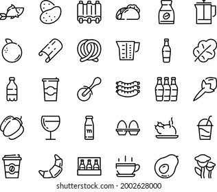 Food line icon set - hot cup, milk bottle, tacos, coffee to go, fish, chinese chicken, pizza roll knife, sausages, pretzel, croissant, wine glass, cocktail, french press, instant, ribs, beaker, beer