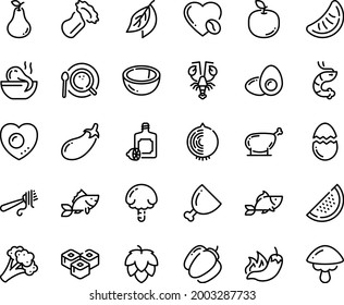 Food line icon set - hot pepper, octopus soup, fish, sushi roll, shrimp, lobster, fork with pasta, limoncello, coffee top view, love, ham, chicken leg, broken egg, yolk, hop, broccoli, bell, pear