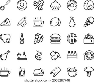 Food line icon set - hot cup, cupcake, drink, burger, pizza piece, donut, chinese chicken, shrimp, gunkan, ice cream, coffee, beer box, pate can, champagne, top view, love, wing, rolling pin, whisk