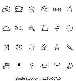 Food line icon set - hot cup, charlotte cake, cheese, coffee, mill, top view, egg, eggs, omelette, bread, big, knife, salt, donut, apple, jam, newspapper