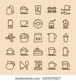 Food line icon set - hot cup, coffee to go, green tea, pot, coffe maker, top view, turkish, tree, instant, irish, machine, pack, beans, capsule, kettle, drinks, french press, thermo flask, paper