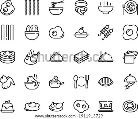 Food line icon set - Hot Bowl, plate spoon fork, dish dome, salad, octopus soup, funchose, clam, kebab, panna cotta, omelette, fried chicken, charlotte cake, cheese, julienne, pancakes, wing