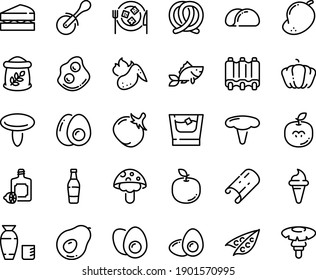 Food line icon set - ice cream horn, rice vodka, pizza roll knife, lemoncello, pretzel, omelette, cheese plate, fish, ribs, hot chicken wing, eggs yolk, egg, whiskey, flour bag, sanwich, tacos bread