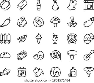 Food line icon set - ice cream horn, fortune cookie, pizza roll knife, lemoncello, pretzel, omelette, cheese plate, coffe maker, irish coffee, fish, ribs, hot chicken wing, eggs yolk, easter egg