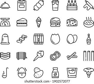 Food line icon set - ice cream, cheese, sausages, burger, champagne, instant coffee, sausage, cutlet, dish dome, ladle, stove, kitchen scales, egg, broaken, timer, paper cup, whiskey, baguette, salt