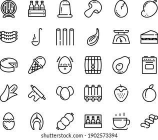 Food line icon set - ice cream, coffee cup, sausages, beer barrel, cheese, sausage, fish steak, ribs, ladle, stove, kitchen scales, broaken egg, eggs, timer, rolling pin, sanwich, pack, box, corn