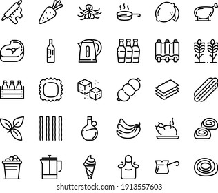 Food line icon set - ice cream, chinese chicken, basil, olive oil, hot dog, beer box, bakery, french press, turkish coffee, refined sugar, sausage, meat, leg, ribs, pan, rolling pin, apron, kettle