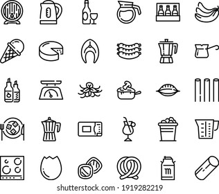 Food line icon set - ice cream, coffee pot, wine, sausages, pretzel, ketchup, milk tank, beer barrel, cheese, plate, julienne, turkish, irish, fish steak, microwave oven, kitchen scales, beaker