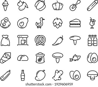 Food line icon set - ice cream horn, fish, temaki, pizza roll knife, pretzel, omelette, goose, coffe maker, irish coffee, hot chicken wing, eggs yolk, flour bag, sanwich, tacos bread, beer bottle