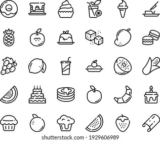 Food line icon set - ice cream horn, drink to go, panna cotta, donut, croissant, charlotte cake, cupcake, pancakes, butter knife, refined sugar, smoothies, big, muffin, pancake, macarons, corn, kiwi