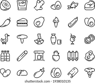 Food line icon set - ice cream horn, fortune cookie, rice vodka, omelette, goose, coffe maker, irish coffee, meat, fish, ribs, eggs yolk, chick egg, whiskey, sanwich, tacos bread, cookies, pepper