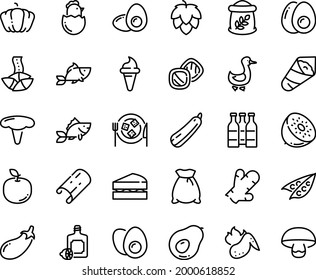 Food line icon set - ice cream horn, fish, fortune cookie, temaki, lemoncello, cheese plate, goose, hot chicken wing, eggs yolk, chick egg, flour bag, sanwich, cookies, beer bottle, hop, peas, kiwi