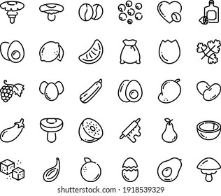 Food line icon set - lemoncello, grape, coffee love, beans, refined sugar, rolling pin, broaken egg, eggs yolk, flour bag, eggplant, squash, lemon, coconut, pear, orange, mango, kiwi, avocado, cep