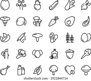 Food line icon set - lemoncello, acorn, coffee love, milk bootle and pack, rolling pin, egg, broaken, chick, eggs, wheat, carrot, beet, corn, onion, broccoli, squash, lemon, avocado, chili pepper