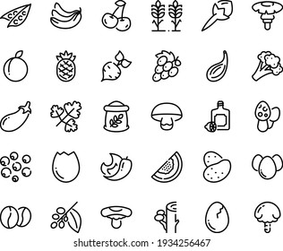 Food line icon set - lemoncello, coffee tree, beans, broaken egg, eggs, flour bag, spikes, potato, beet, peas, broccoli, eggplant, cherry, banana, plum, melon, grape, pineapple, chili pepper, cloves