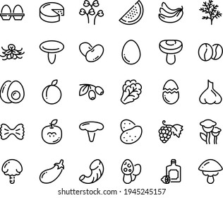 Food line icon set - lemoncello, olives, grape, cheese, coffee beans, egg, stand, broaken, eggs yolk, potato, arugula, eggplant, banana, plum, watermelon, apple seeds, garlic, vanilla, dill, cress