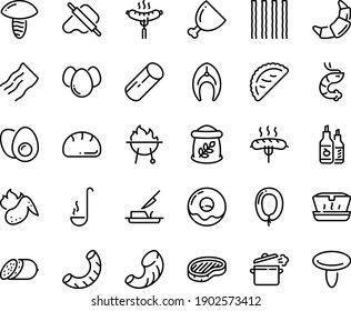 Food line icon set - lunch box, shrimp, dough and rolling pin, calsone, salami, sausage on fork, steak, ketchup, donut, croissant, butter knife, ham, fish, bbq, hot chicken wing, cooking pan, ladle