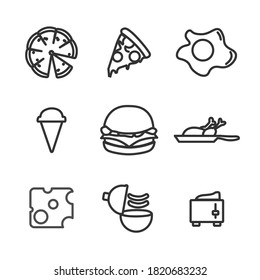 Food line icon set. meat, hamburger, fried egg, cheese, ice-cream, fried chicken, cupcake