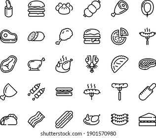 Food line icon set - meat, burger, sandwich, pizza, tacos, sausage on fork, fried chiken leg, french hot dog, dim sum, lobster, calsone, salami, sausages, steak, ham, chicken, kebab, sowbelly
