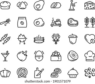 Food line icon set - meat, cupcake, tea ceremony, lobster, gunkan, cheese, fork with pasta, salami, bread, pretzel, acorn, meringue, bakery, coffee love, pack, kebab, roasted sausages, bbq, chef hat