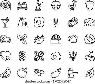 Food line icon set - meat, spike, hot pepper, tea ceremony, lobster, gunkan, cheese, basil, olives, acorn, plate, meringue, goose, coffee love, omelette, turkish, cocktail, cookies, hop, beer tap