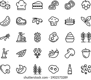 Food line icon set - meat, hot pepper, lobster, basil, fork with pasta, olives, omelette, acorn, bakery, cupcake, coffee love, refined sugar, roasted sausages, chef hat, champagne, spikes, sanwich