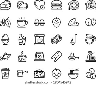Food line icon set - meat, bread, burger, coffee to go, funchose, cheese, cup, plate, coffe maker, top view, turkish, tree, love, beans, capsule, fish, pan, ladle, egg stand, pot, cake, cookies, hop