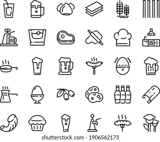 Food line icon set - meat, beer, drink, dough and rolling pin, olives, sausage on fork, spike, meringue, chef hat, pan, kitchen, egg stand, timer, turkish coffee, whiskey, muffin, glass, cup, foam