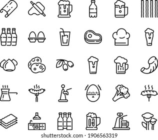 Food line icon set - meat, beer, milk bottle, drink, dough and rolling pin, olives, sausage on fork, meringue, chef hat, kitchen, egg stand, timer, turkish coffee, mug, glass, cup, foam, tap, fungus