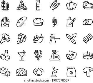 Food line icon set - meat, spike, french fries, hot pepper, lobster, cheese, basil, salami, bread, meringue, coffee pack, refined sugar, kebab, roasted sausages, sowbelly, knife board, turkish, mint