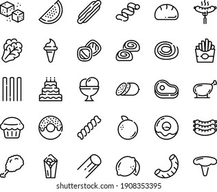 Food line icon set - meat, hot dog, french fries, burito, donut, fried chiken leg, ice cream horn, salami, sausages, sausage on fork, bakery, refined sugar, chicken, bread, big cake, muffin, cookies