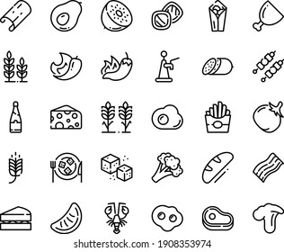 Food line icon set - meat, spike, french fries, burito, hot pepper, lobster, cheese, salami, plate, refined sugar, ham, kebab, sowbelly, omelette, champagne, bread, spikes, sanwich, cookies, wheat